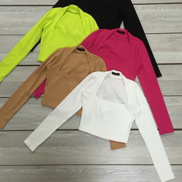 Áo Croptop Kiểu Nữ Tay Dài Cổ Vuông Chất Thun Borip Mịn Có Mút Ngực Style Sexy  By bear.story