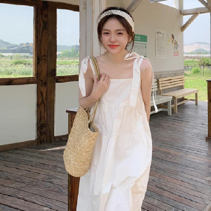 Váy babydoll dáng dài 2 dây bản to xanh đen trắng thắt nơ form rộng Đầm bầu hai dây maxi 2 tầng buộc dây THOITRANG suông