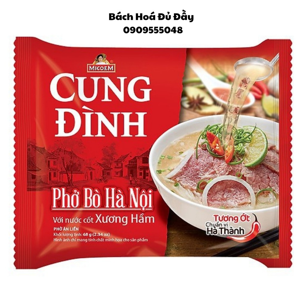 Gói Miến Phú Hương sườn và thịt bằm, gói Bún giò heo Hằng Nga, gói Hủ tiếu Nam Vang, gói Phở bò Hà Nội Cung Đình gói