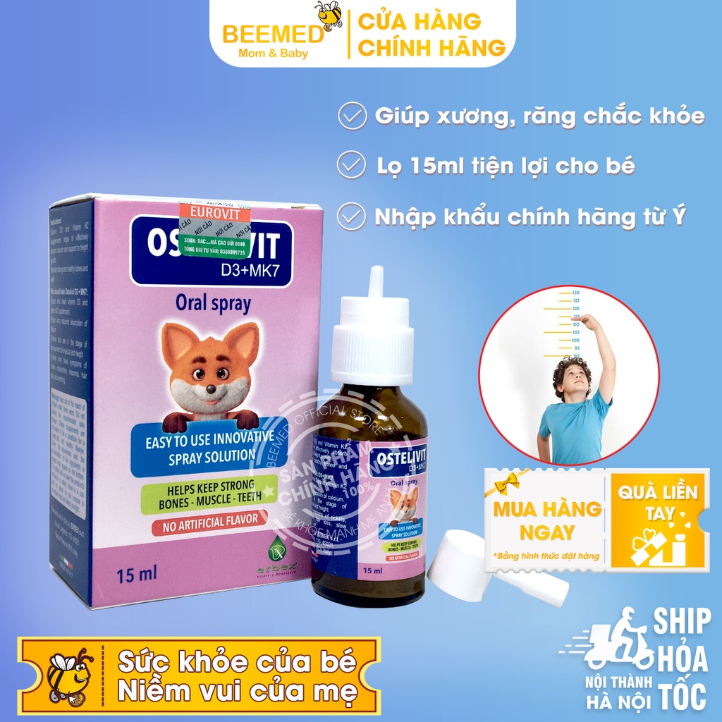 Vitamin D3 K2 MK7, Tăng chiều cao, kích thích mọc răng - dạng xịt cho bé OSTELIVIT D3+MK7 - Nhập khẩu chính hãng Ý