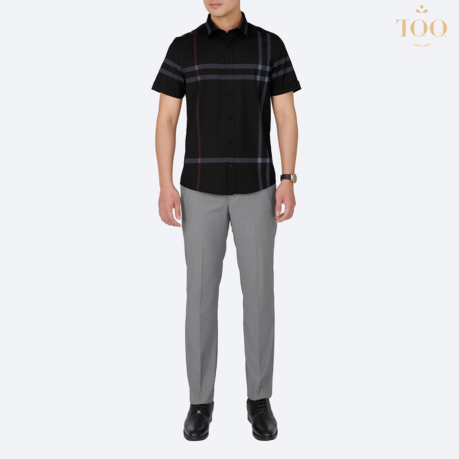 Áo sơ mi nam ngắn tay cao cấp K434CSC-CB TQQ màu đen dáng Slimfit nam tính vạt tôm vạt ngang không túi áo