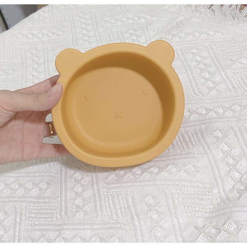 Bát ăn dặm bằng silicon hình gấu cao cấp có đế hít chống đổ cho bé(kèm thìa)