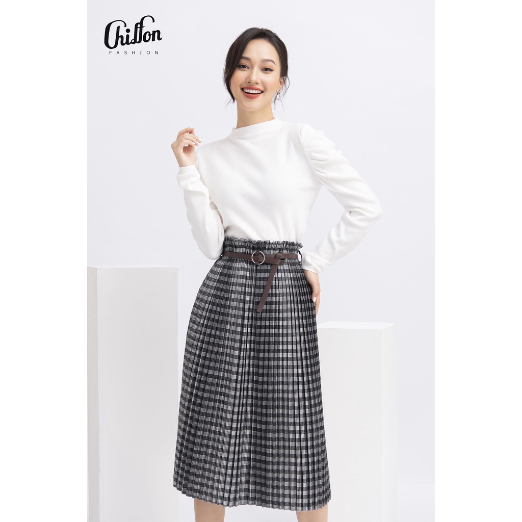Chân váy dạ kẻ xếp ly dáng dài kem đai thiết kế by Chiffon (freesize) | BigBuy360 - bigbuy360.vn