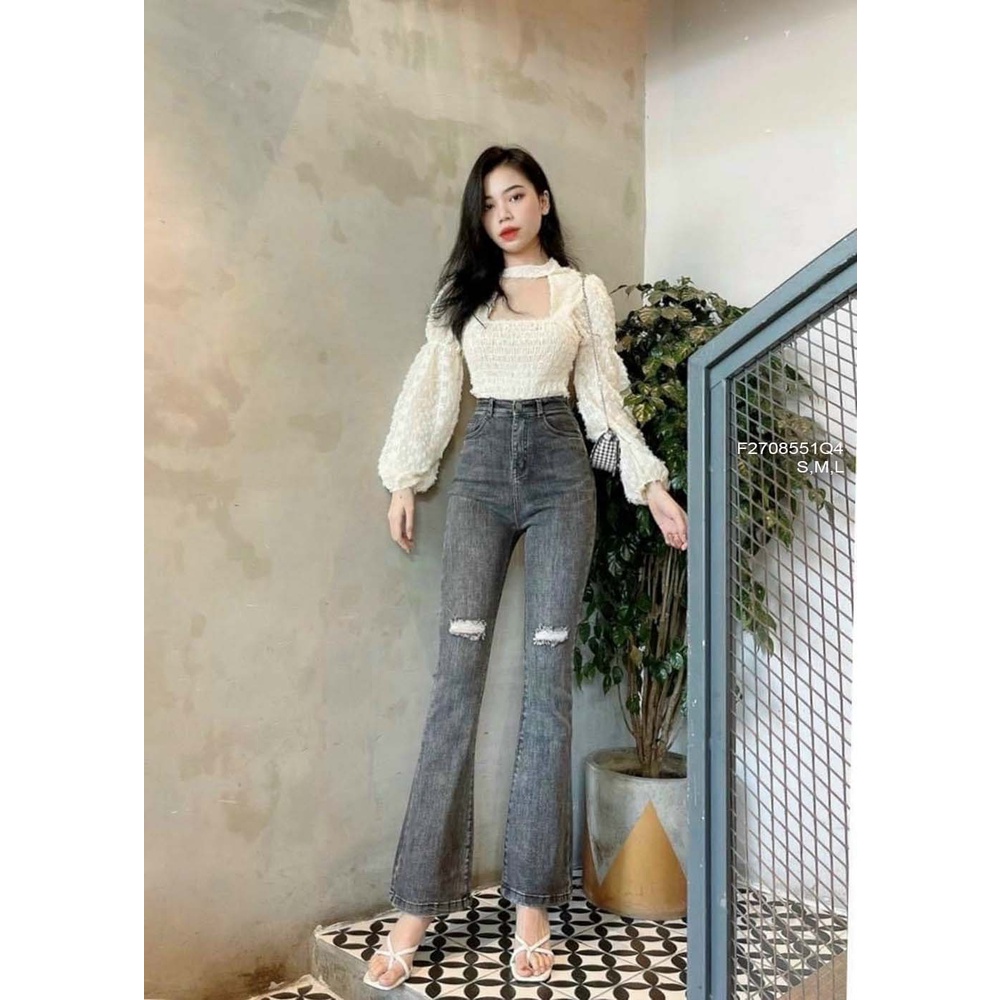 Quần jean dài ống loe mài rách đùi hai bên lưng cao tôn dáng!
