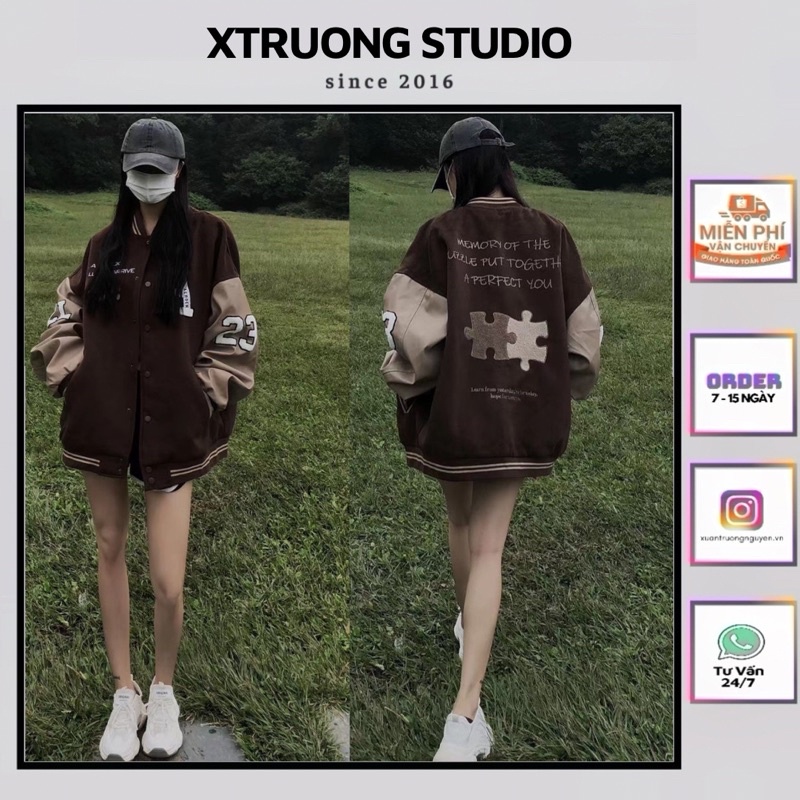 Áo khoác bomber jacket varsity nam nữ màu nâu cafe vintage đậm mới thêu chữ A cực chất bên XTRUONG [ Có ảnh thật ở sau ]