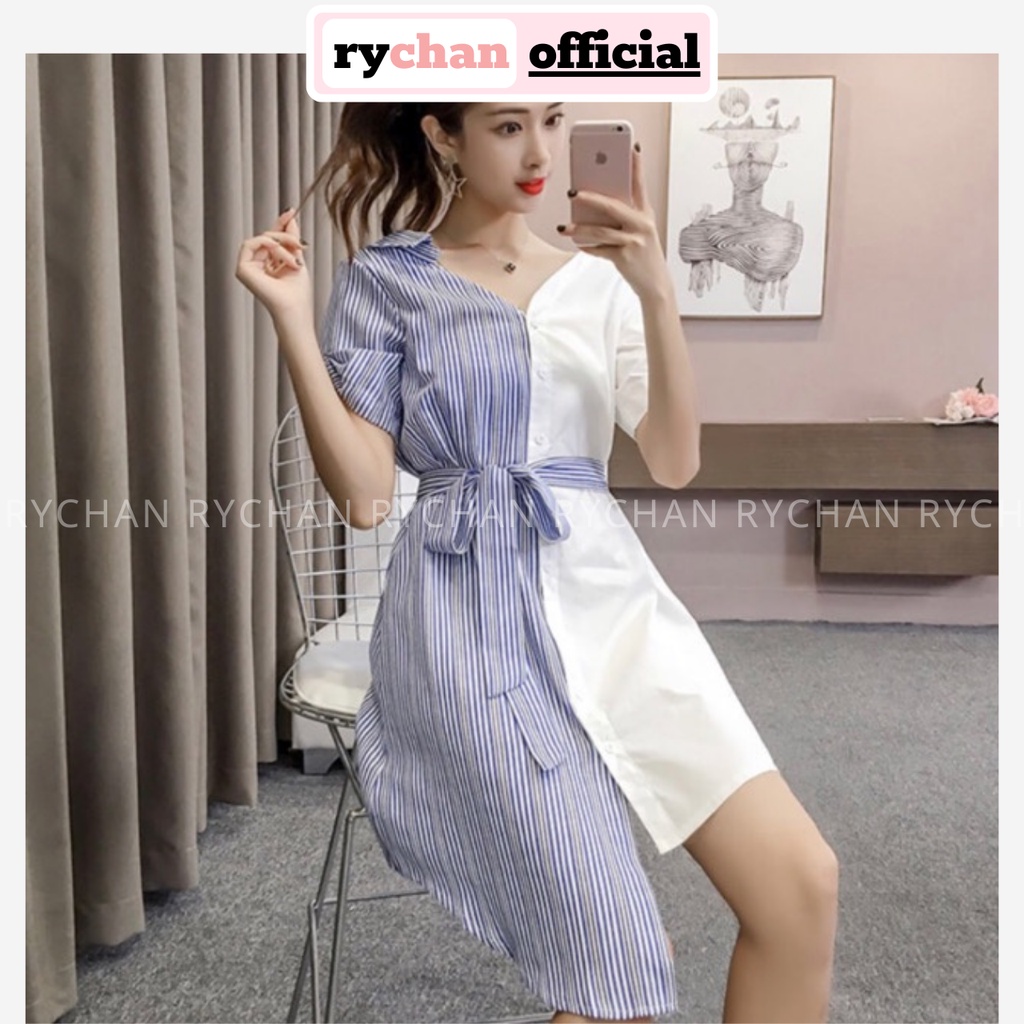Đầm Nữ Dự Sự Kiện Dáng Sơ Mi Phối Sọc Xanh Lệch Tà Nơ Eo Cực Độc Lạ [ẢNH THẬT CUỐI] - DX9797