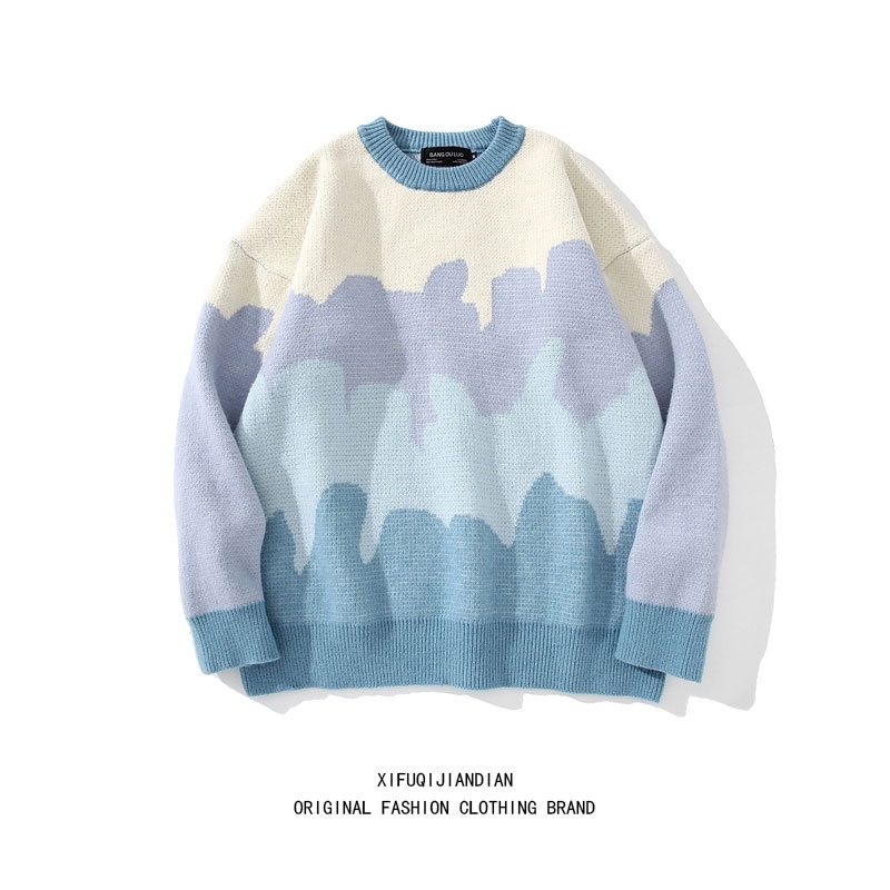 Áo sweater cổ tròn dáng rộng màu sắc tương phản phong cách Harajuku Nhật Bản dành cho nam