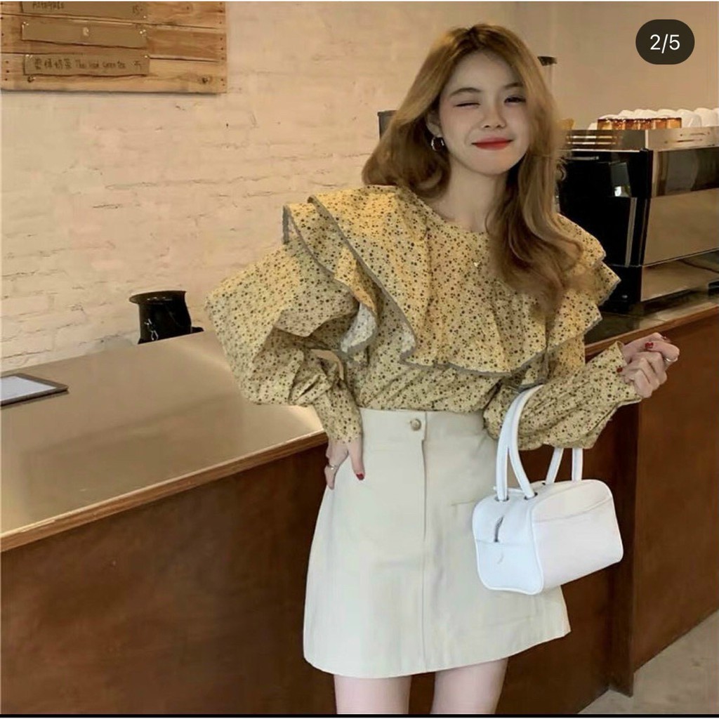 🎶🎶Set áo sơ mi cổ bánh bèo vàng mix chân váy kaki cực xinh cho nàng công sở nhà Tiệm nhỏ của Ryn