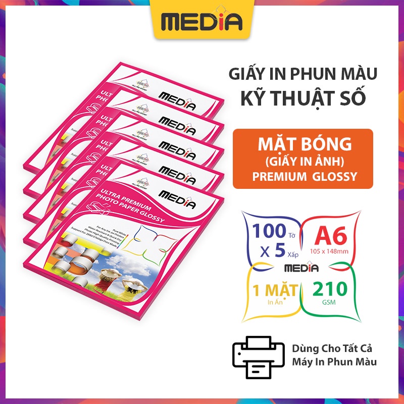 Bộ 5 Xấp Giấy In Phun Màu Media Khổ A6, 1 Mặt In Bề Mặt Bóng (Glossy), Định Lượng 210gsm 100 Tờ x 5