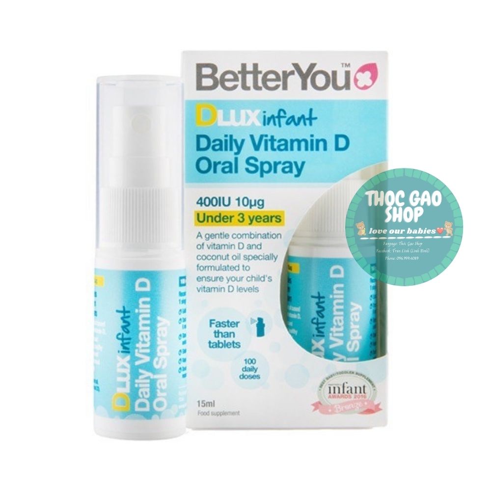 Vitamin D3 dạng xịt Dlux infant Better You 15ml Anh Quốc giúp phát triển hệ xương răng khoẻ mạnh