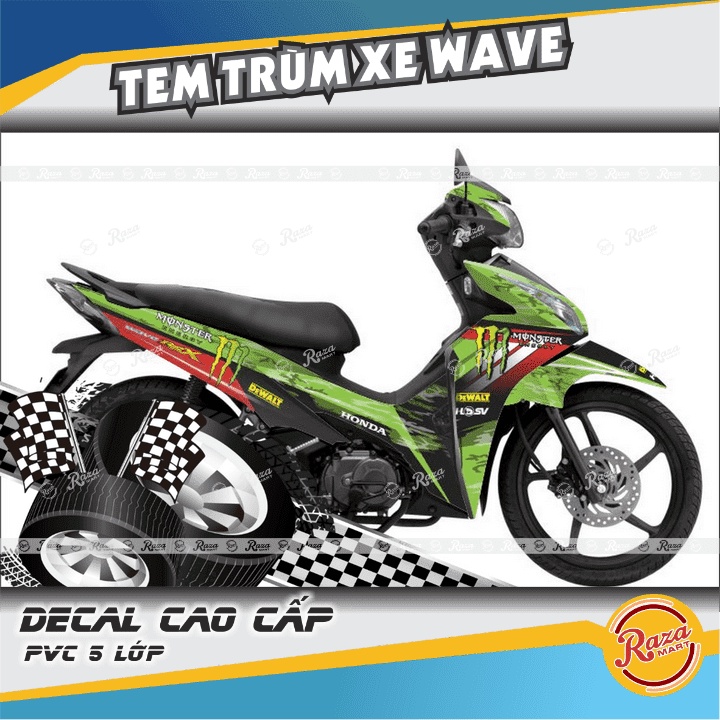 Tem Trùm xe WAVE RSX màu xanh lá đen | Decal PVC 5 lớp cao cấp | Mã tem: WAV 683