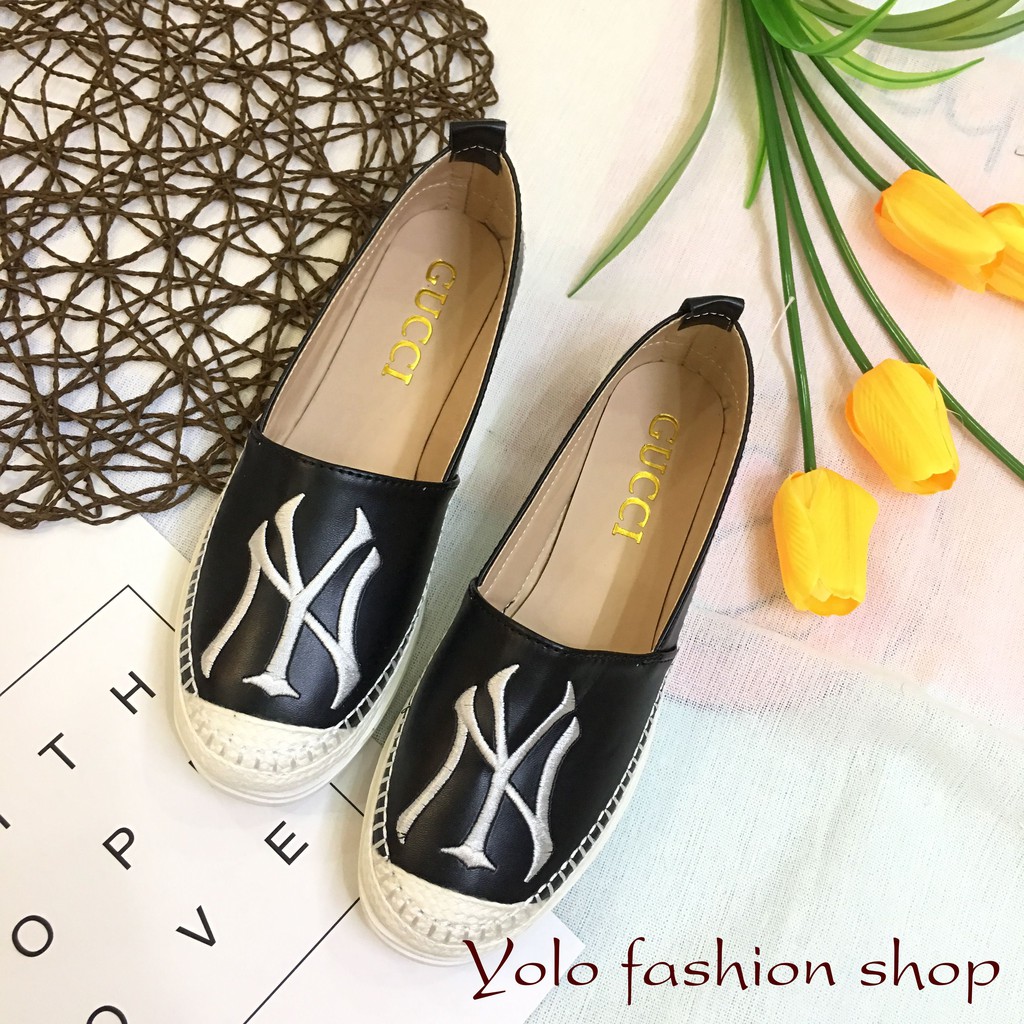 [Hình thật] NY Giày lười slip on nữ da mềm thêu chữ cao cấp