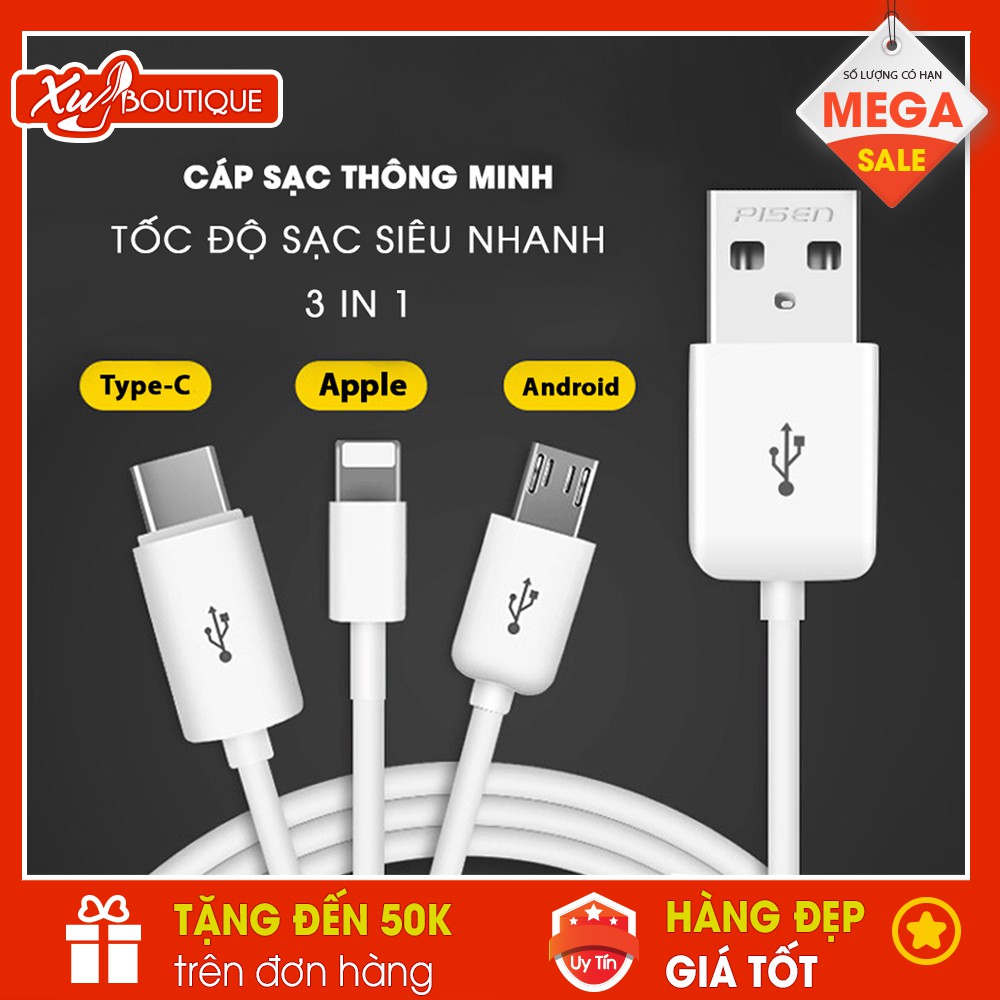 Dây Cáp Sạc Nhanh Thông Minh 3 Đầu 1M2 Dùng Cho Iphone, Type-c, Samsung, Android, Nokia, Oppo...