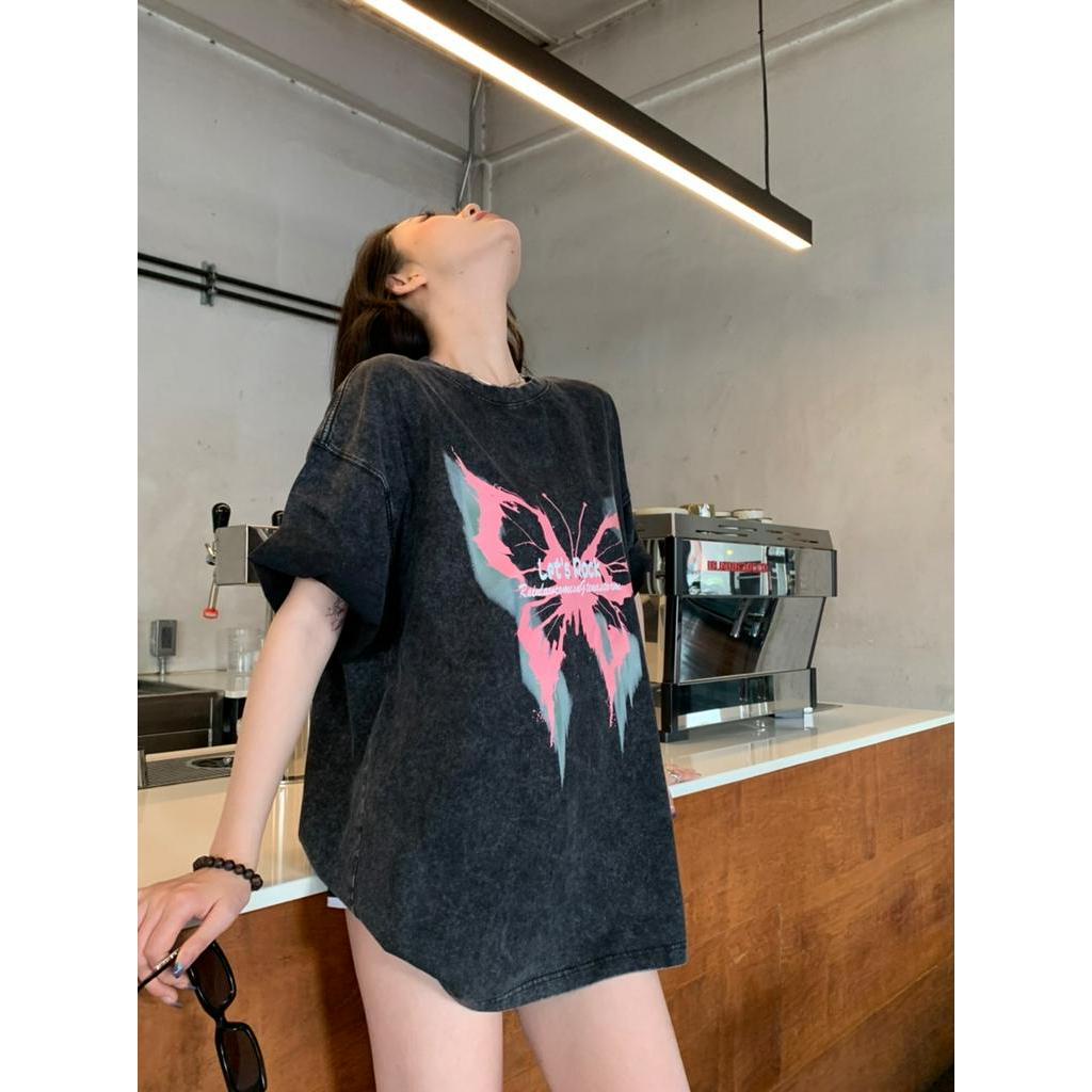 Áo Thun Cotton Ngắn Tay In Hình Bướm Đen Phong Cách Retro 63315