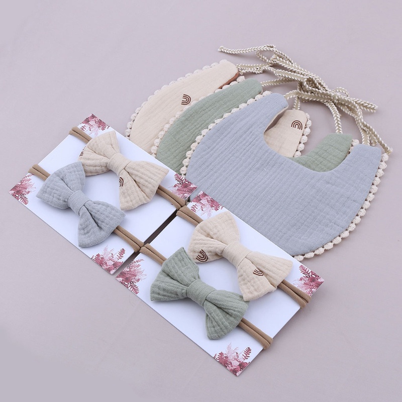 Yếm Ăn Kèm 2 Băng Đô Nơ Bằng Cotton Nguyên Chất Dễ Thương Cho Bé