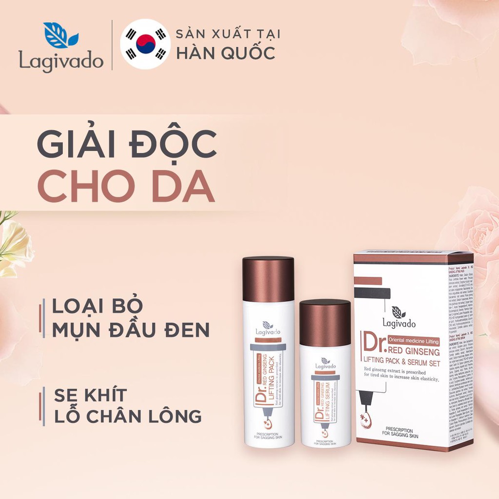 Bộ chăm sóc da giảm mụn đầu đen Hàn Quốc Lagivado thu nhỏ lỗ chân lông gồm mặt nạ hồng sâm 50 ml + serum 30 ml.