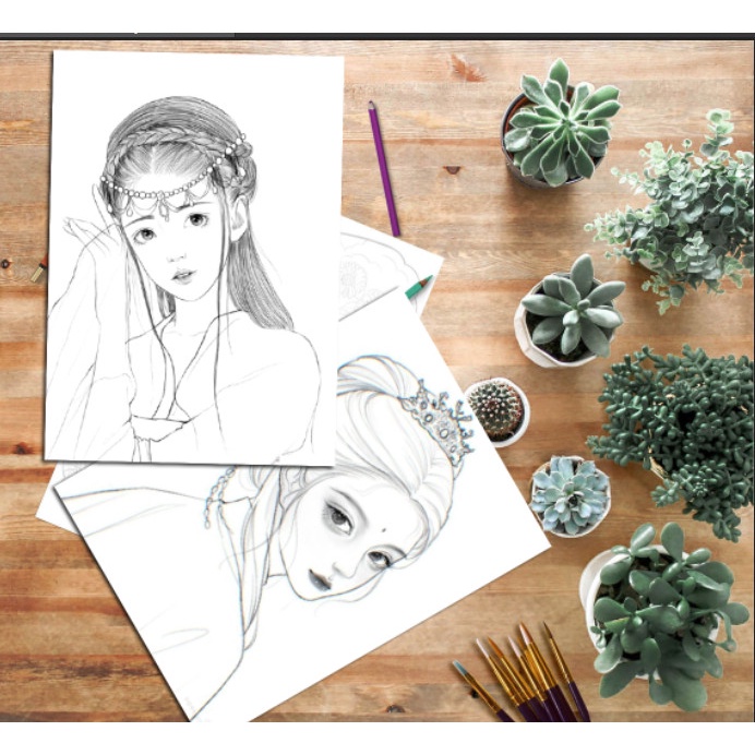 Tranh tô màu nước anime chân dung thiếu nữ trung quốc bộ 12 tranh giấy dầy đẹp