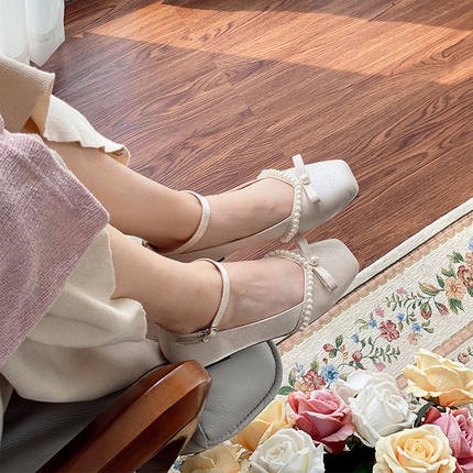 Giày búp bê đế bệt, giày búp bê gót thấp chất liệu dệt ánh kim dễ thương