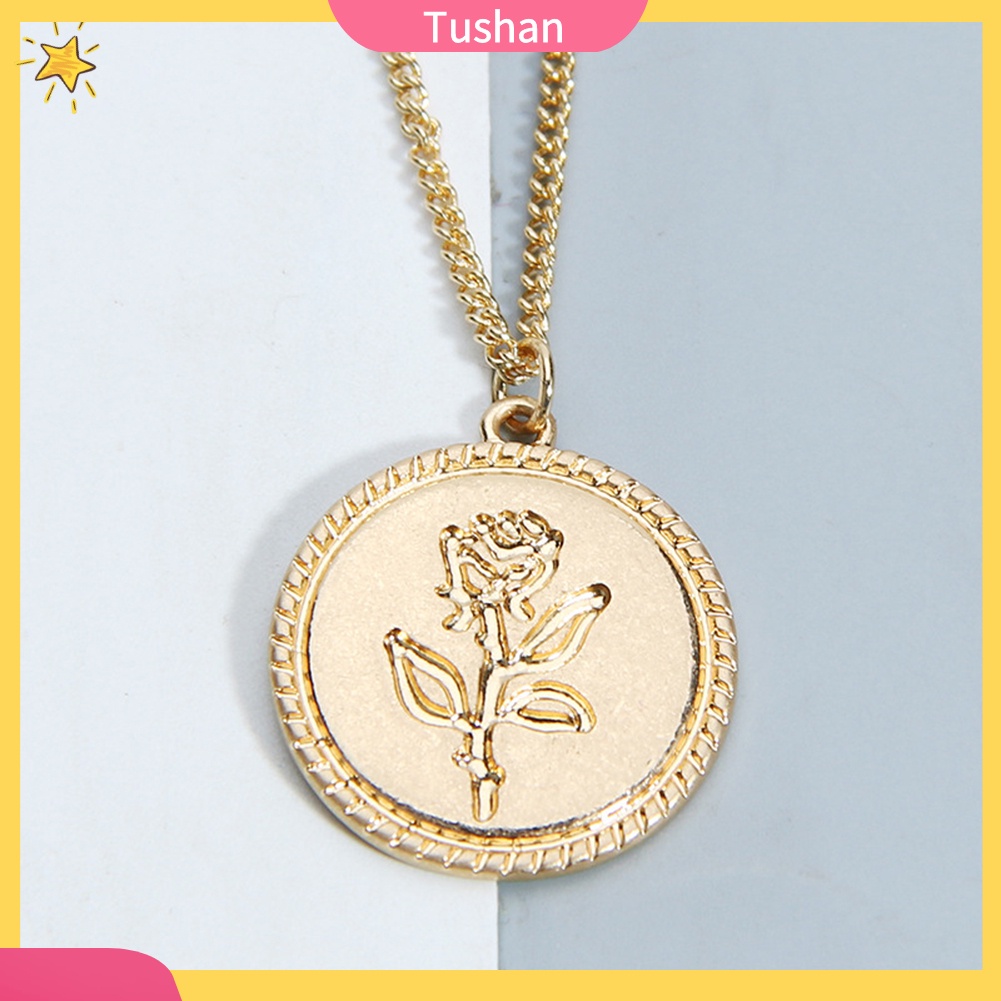 Dây chuyền mặt tròn họa tiết hoa hồng phong cách vintage