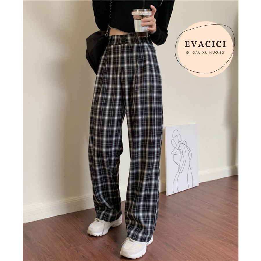 [EVACICI] Quần kẻ karo ống rộng dáng suông nhiều màu mẫu mới. Quần cullotes khuy trước chun sau hack dáng.