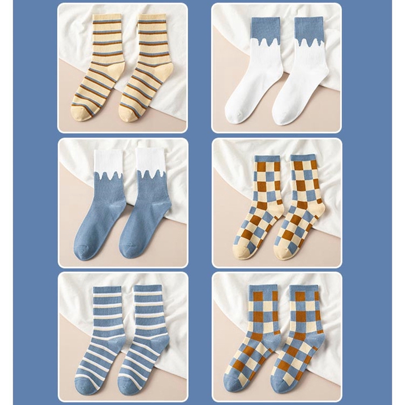 Vớ Cotton Cao Cổ Kẻ Sọc Vuông Xinh Xắn Cho Nữ