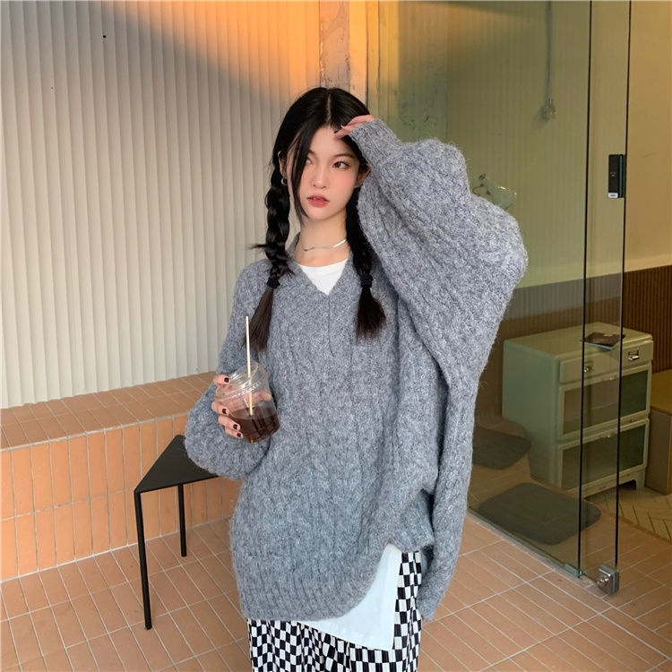 Áo len cổ chữ V dáng rộng thời trang thu đông mới