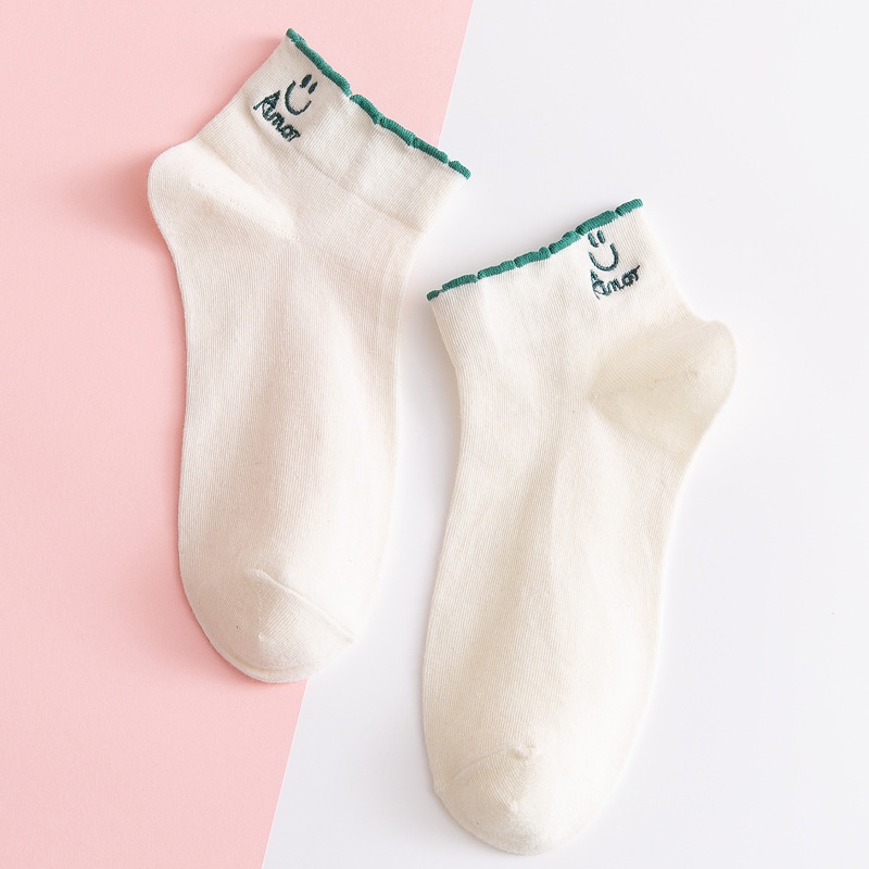 Set 5 đôi Tất ren nữ THÊU HÌNH cotton mềm mịn, giữ ấm chân / tất cổ ngắn