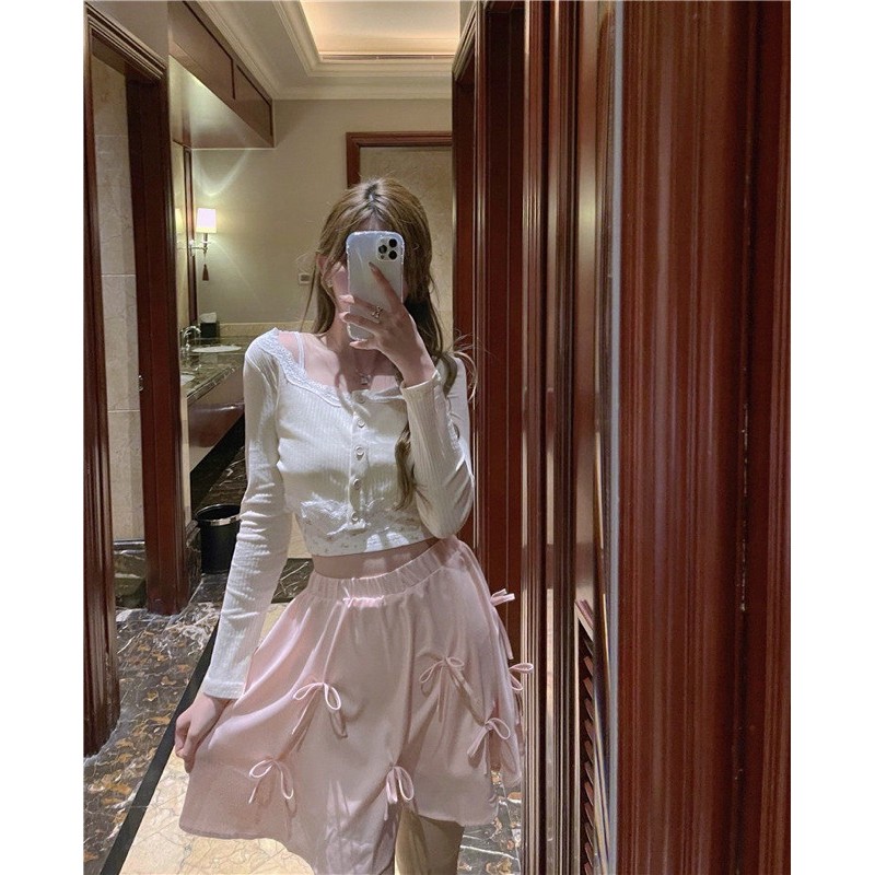 Set áo 2 dây croptop+áo cardigan tay dài + chân váy hồng đính nơ xinh xắn phong cách ulzzang Sam Sam Boutique