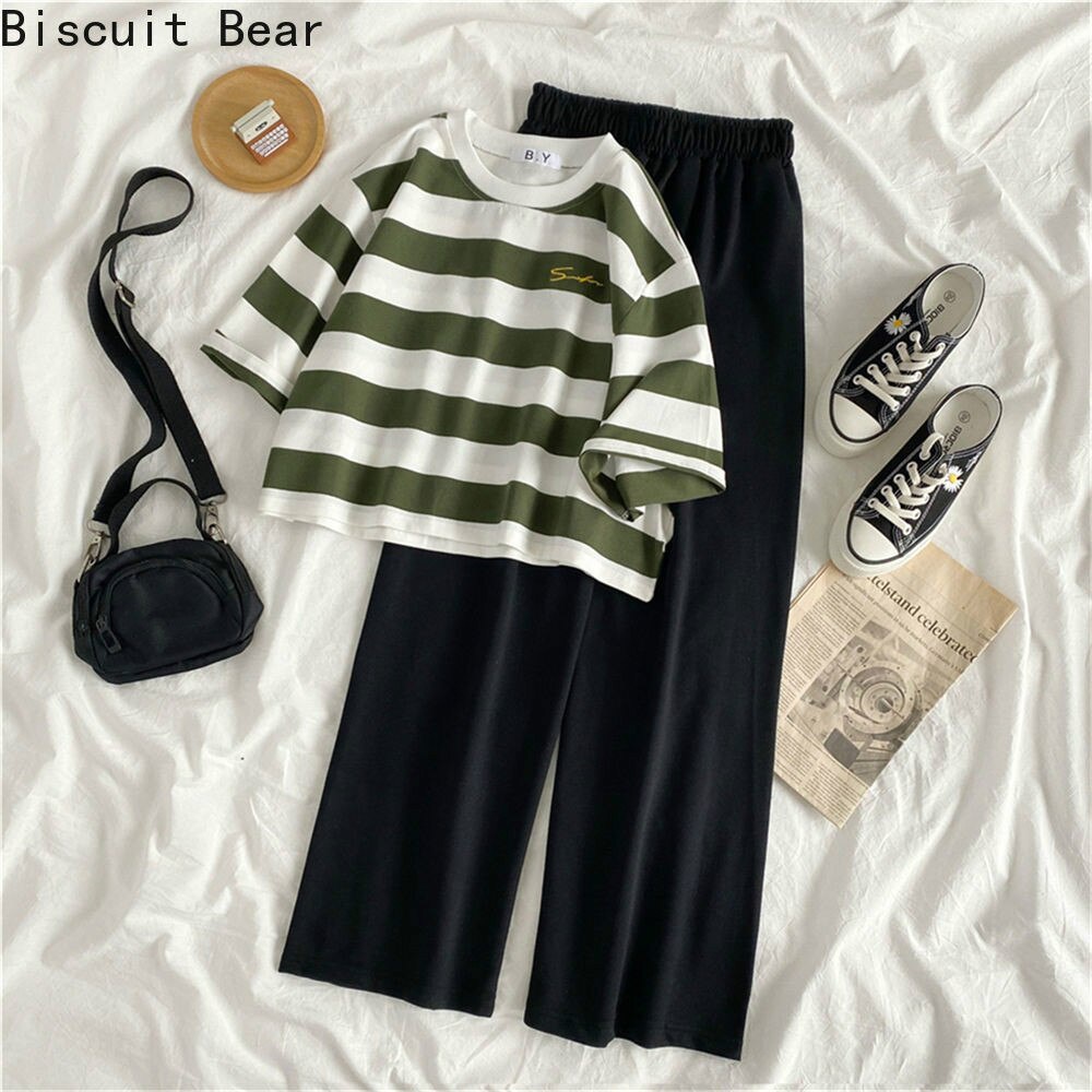 Set Áo Crop Top Sọc Đen + Quần Dài Ống Rộng Lưng Cao Thời Trang Hàn Cho Nữ