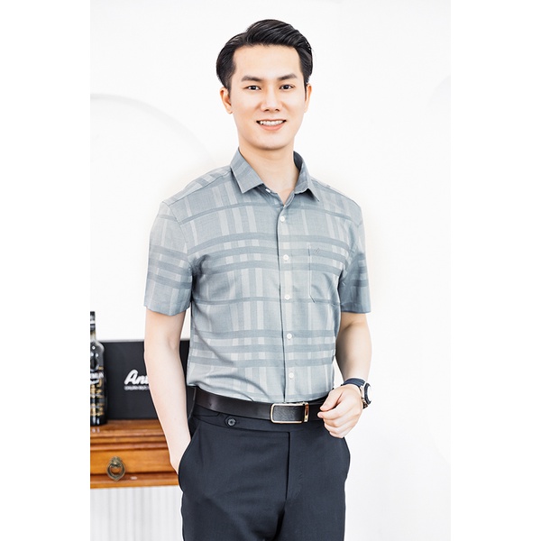 Áo Sơ Mi Nam Công Sở Trung Niên Thương Hiệu Anton Màu Xám Ghi Kẻ Caro Ngắn Tay Họa Tiết Chìm – NT202