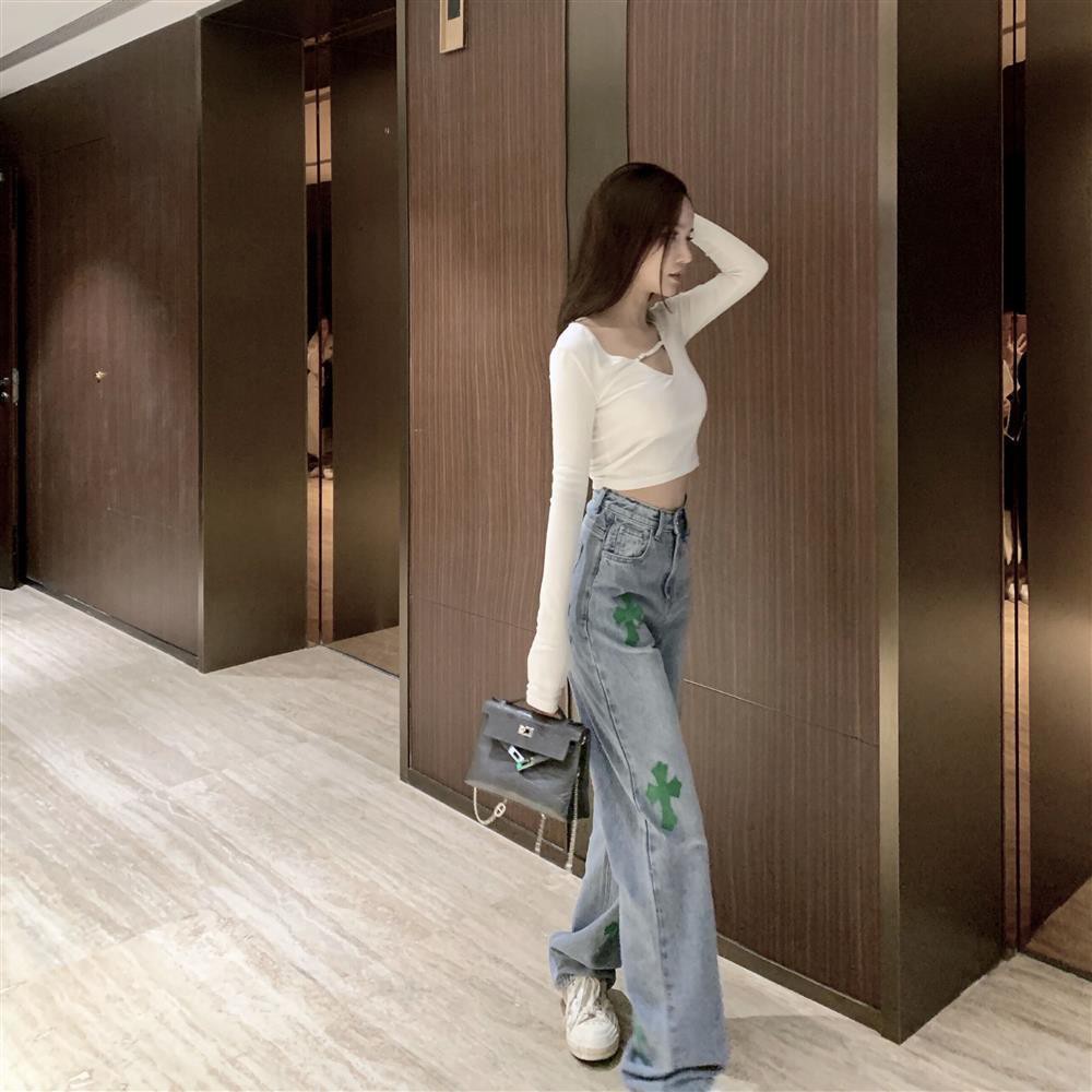 Quần Jeans Da Pu Ống Rộng Lưng Cao Thời Trang Xuân Hè Cho Nữ 2021