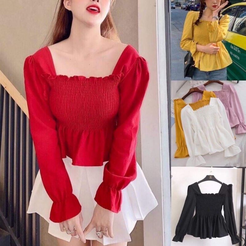 Áo Đỏ Kiểu chất Voan Cột Nơ Eo Tay Dài Điệu Đà BG74211