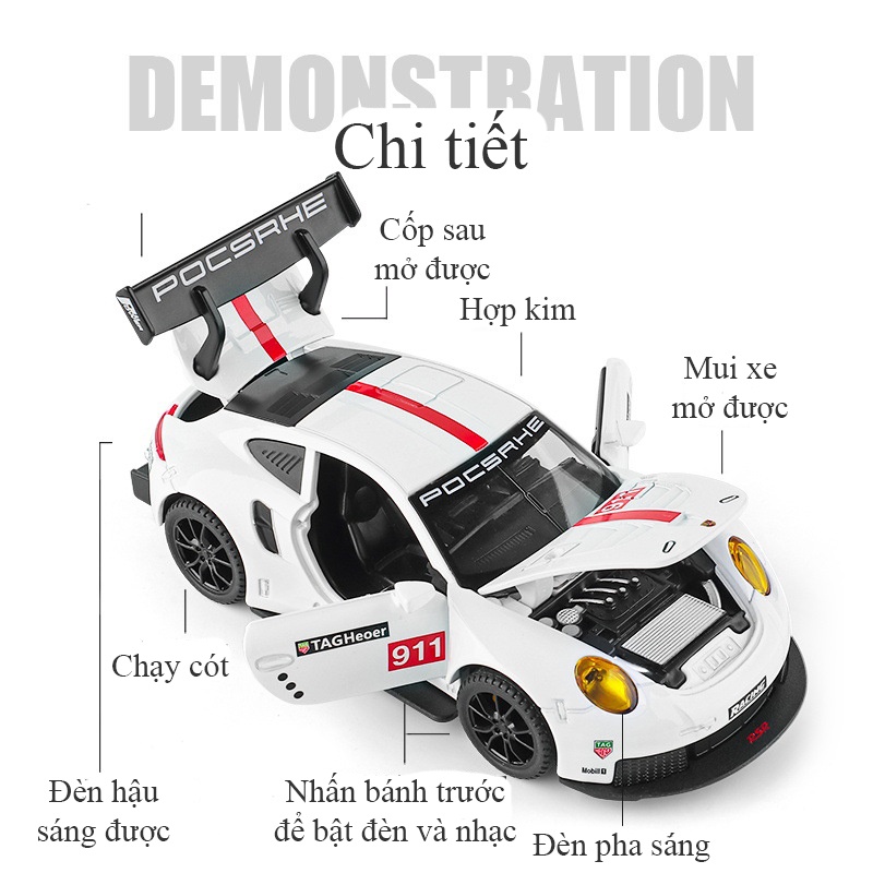 Mô hình xe ô tô Porsche 911 RSR KAVY bằng hợp kim nguyên khối có nhạc và đèn mở 6 cửa