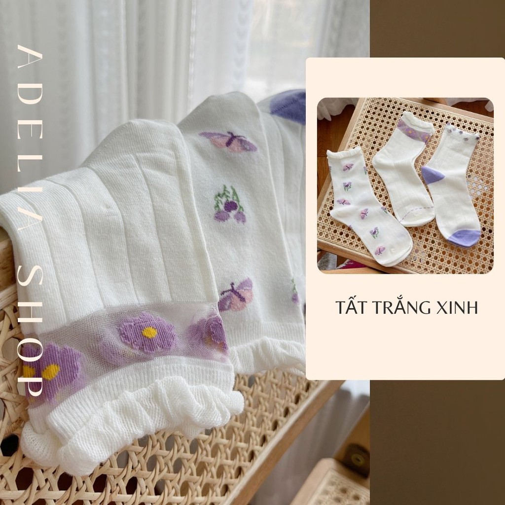 Tất vớ bèo nữ thêu hoa cao cổ nhiều màu phong cách vintage hàn quốc