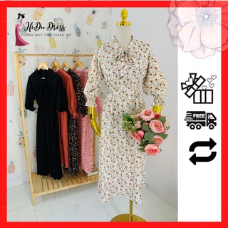 Đầm hoa nhí cột nơ cổ dáng dài siêu dễ thương, Váy hoa nhí dáng dài vintage