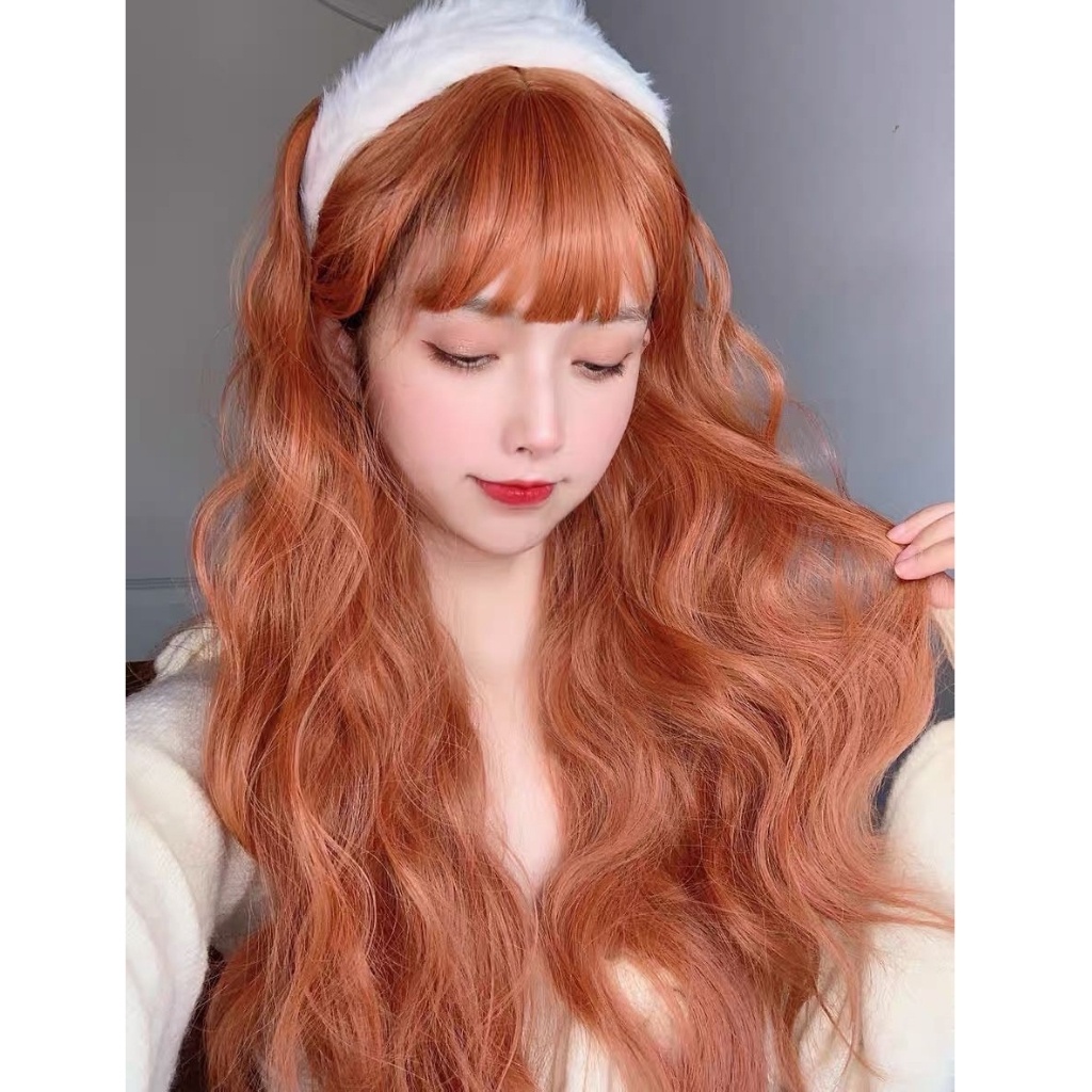 Tóc giả nguyên đầu màu cam, xù lửng 45cm, tặng kèm lưới trùm wig