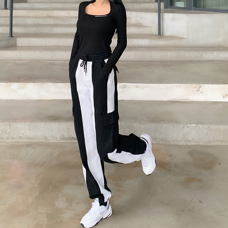 Quần thể thao ghép trắng đen lai chun co giãn cá tính HQD52 Hỉn Hỉn Store