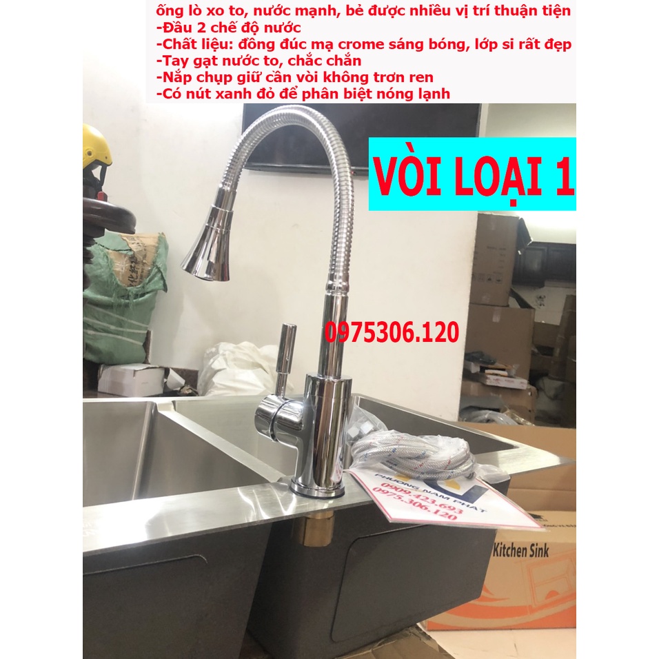 [LOẠI 1-HÀNG ĐÚC] Vòi Rửa Chén Bát Nóng Lạnh đồng thau mạ crom lò xo bẻ được mọi vị trí N4015 Fotar và 2 dây