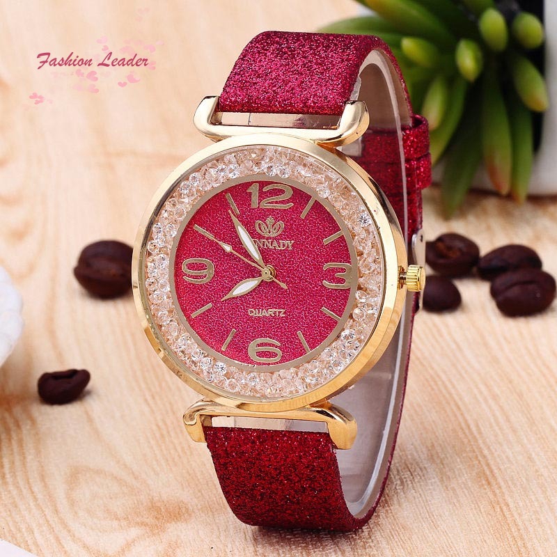 ✽FL✽Women Watches Crystal Ball Dial Shiny PU Leather Strap Wristwatch Analog Quartz