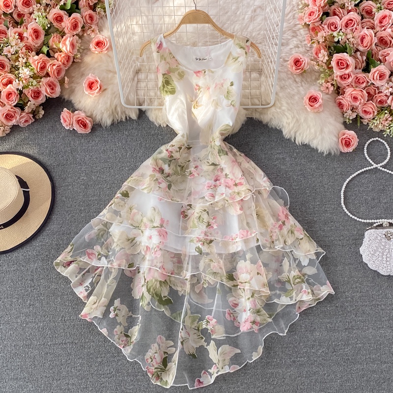 M174 - Váy hoa Ulzzang cổ tròn 3 tầng đuôi cá sang trọng