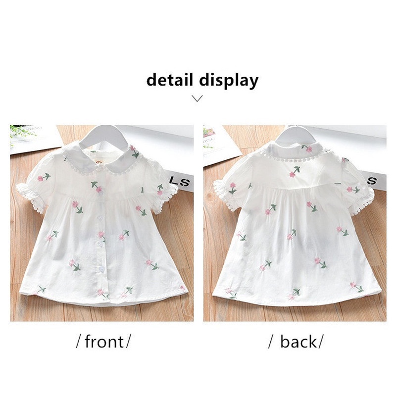 Girls Summer Shirt Clothes Kids Ins Fashion Cotton Thin Short Puff Sleeves Tops Girl Floral Printed Princess Shirt