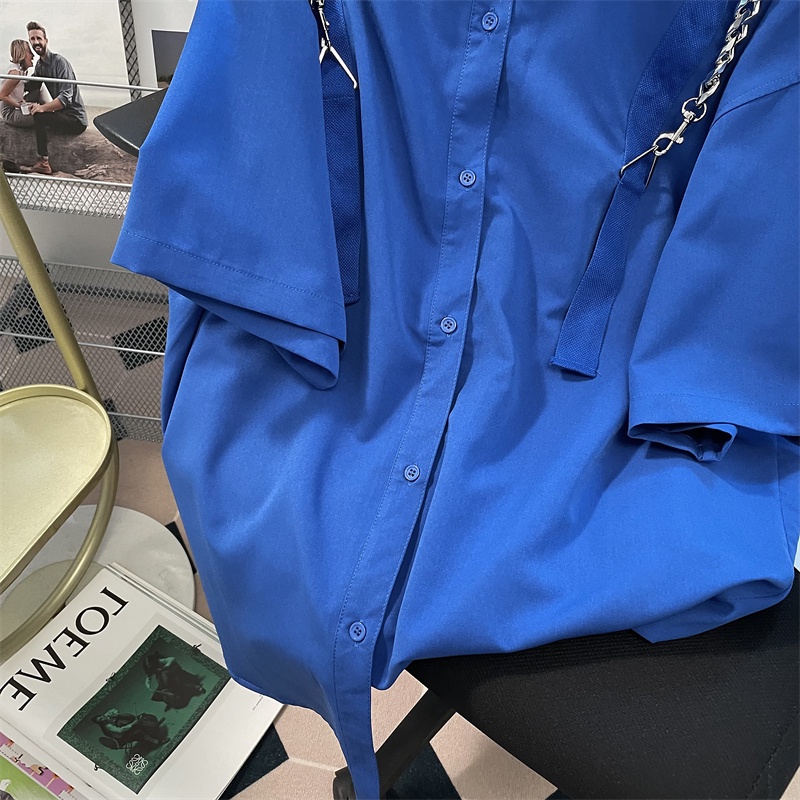 Áo Sơ Mi Tay Ngắn Dáng Rộng Màu Xanh Dương Thời Trang Đường Phố Cho Nữ
