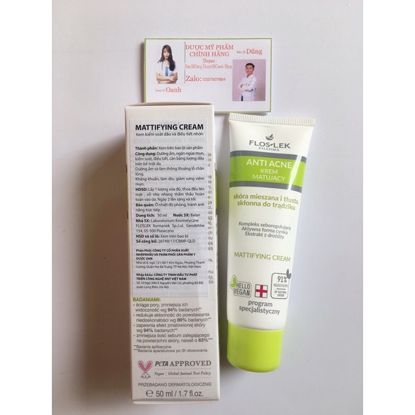 Kem Dưỡng Ẩm Kiểm Soát Dầu Và Điều Tiết Nhờn Floslek Anti Acne Mattifying Cream