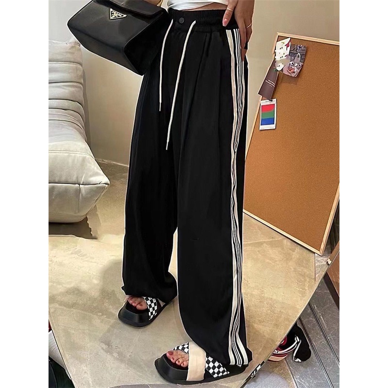 Jiashucheng Quần Thể Thao Ống Rộng Ghép Vải Mỏng Kẻ Sọc Nhỏ Phong Cách Xuân Thu Cho Nữ