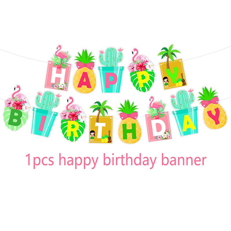 Hawaiian Theme Birthday Party Decoration  Flamingo Cactus Pineapple Coconut Banner Cake Balloon