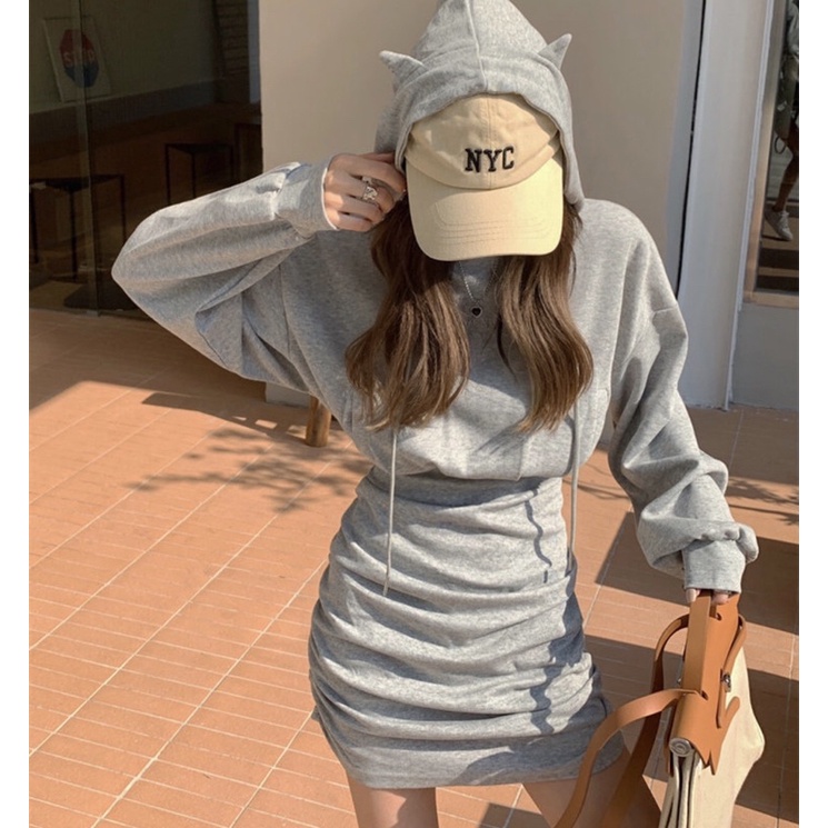 Váy nhún bèo ôm body kiểu dáng hodie tai mèo thu đông phong cách