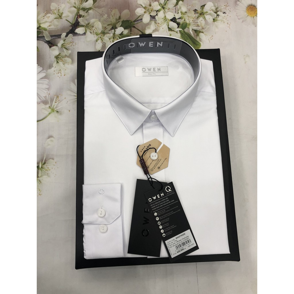 Áo Sơ Mi Trắng Nam Tay Dài Owen AS22753D1 Dáng Slim Fit Không Túi Ngực Màu Trắng Trơn Vải Sợi Sồi | BigBuy360 - bigbuy360.vn