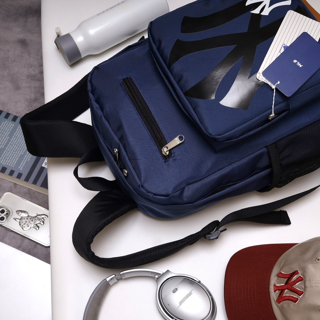 Balo unisex nam nữ đựng laptop logo NY New York đáy lót da MLB