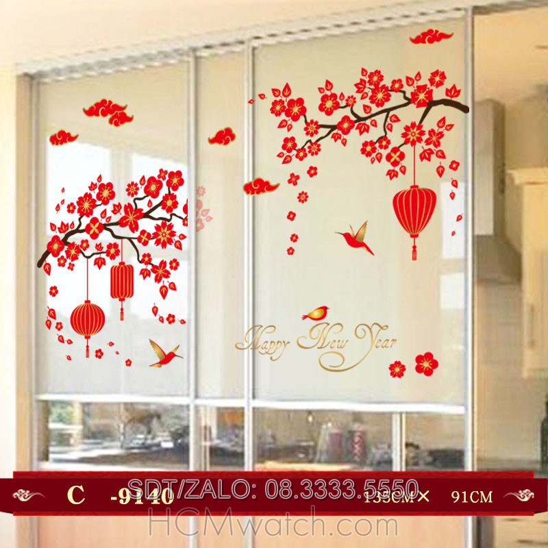 Decal Trang Trí Tết 2021 hình ảnh lồng đèn, pháo hoa, câu đối