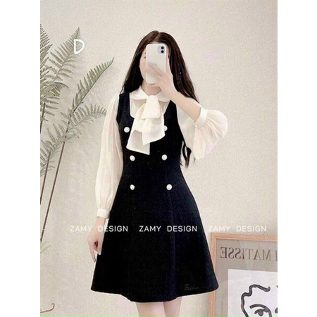 Đầm tiểu thư đi tiệc, đầm suông chữ a thiết kế tinh tế tay phồng phối nơ cổ nhẹ nhàng dễ thương